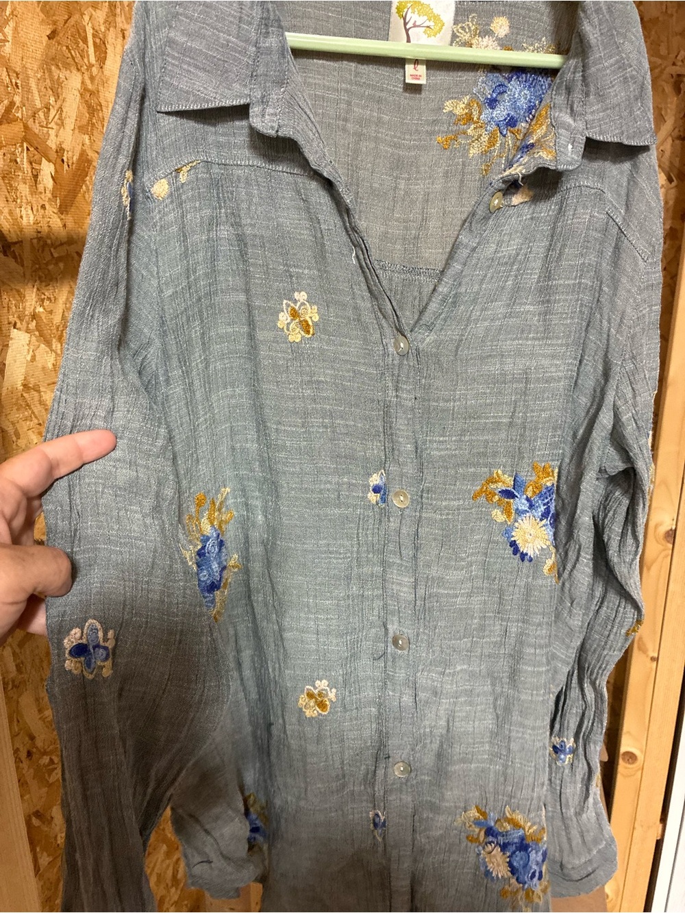 fig and flower Blue Button-Down Shirt with Blue and Gold Floral Embroidery